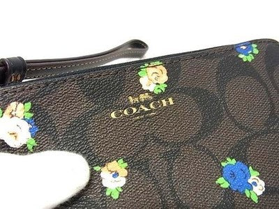 Coach Signature Outline Corner Zip Floral pattern pouch multi-purpose case brown