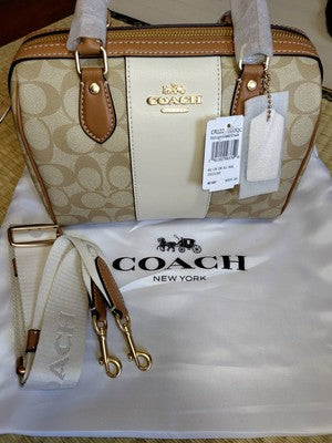 COACH Rowan Satchel Signature Canvas Stripe Light Khaki CR122 Outlet New