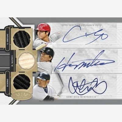 1 Box set containing 2 autographed cards and 1 relic otani ichiro matsui