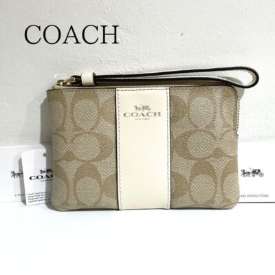 Coach Signature Outline Corner Zip Wristlet Pouch Light Khaki Chalk Outlet