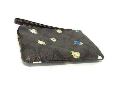 Coach Signature Outline Corner Zip Floral pattern pouch multi-purpose case brown