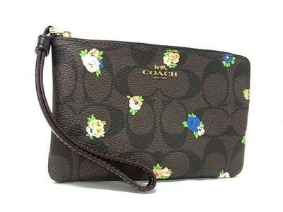 Coach Signature Outline Corner Zip Floral pattern pouch multi-purpose case brown