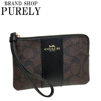 COACH Signature Accessory Case  PVC Corner Zip Wristlet Brown x Black