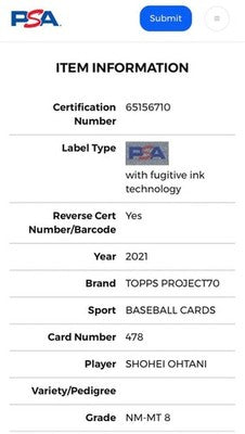 Shohei Ohtani 2021 TOPPS PROJECT70 MLB Major League Baseball 478 PSA 8