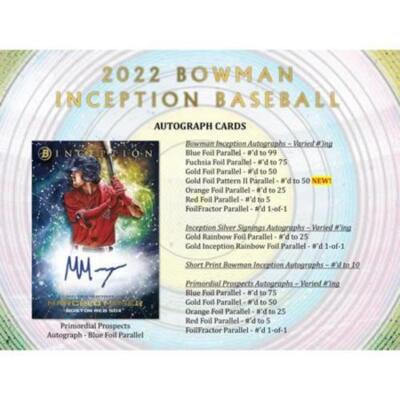 NEW 2022 Bowman Inception Baseball Hobby Box Topps MLB 2Autograph Card Parallel