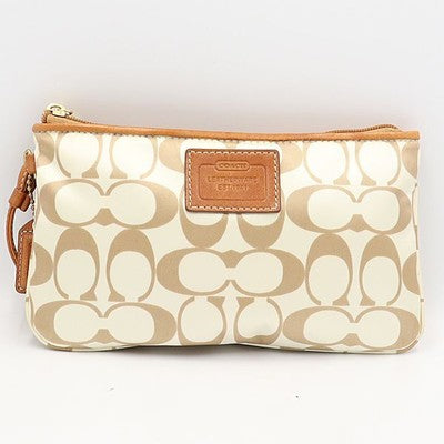 Coach signature beige Pouch with charm Leather Accessory case Gold hardware